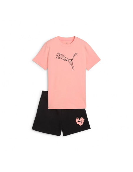 Conjunto Camiseta Rosa + Bermuda Negra Puma-FLAMING LOVE Tee and Shorts Set G-686308-18-ROSA NIÑA